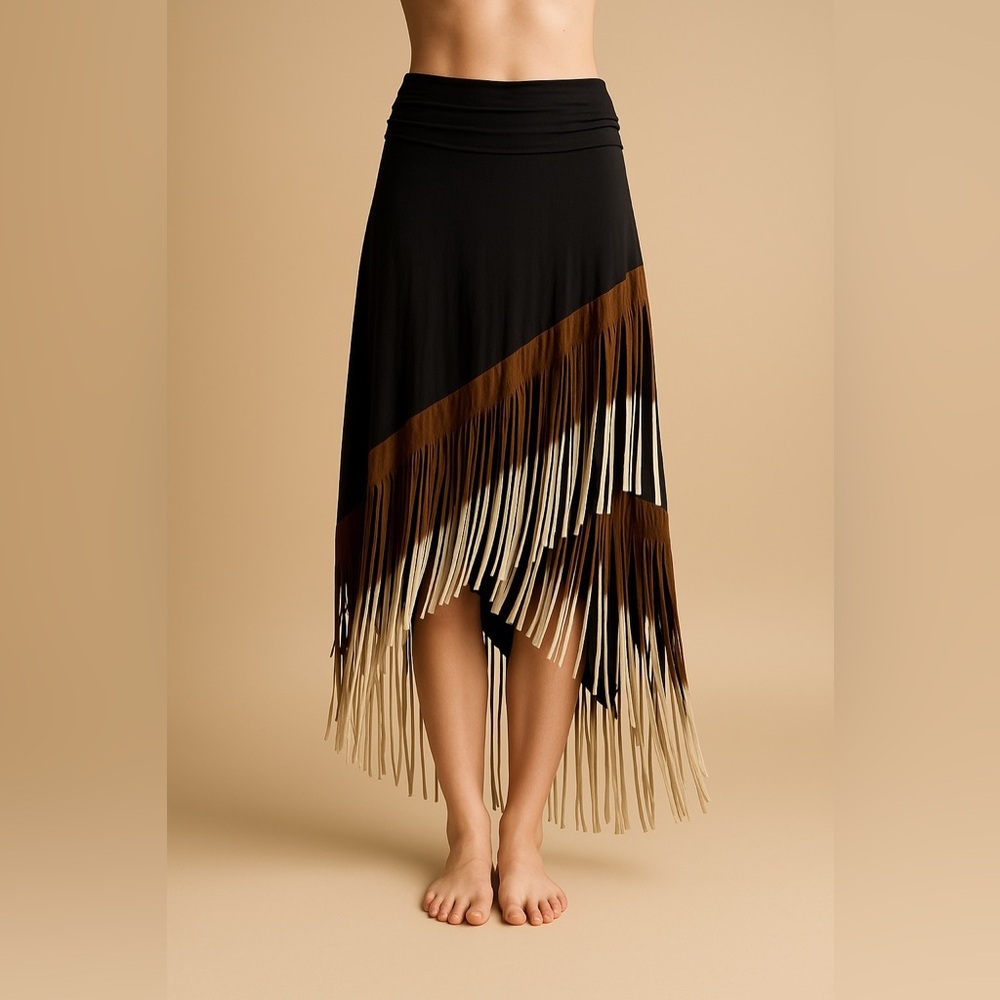 T-Party Tri Color Die Dye Hi Low Horizontal Fringe Western Skirt